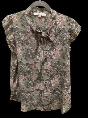 LOFT Olive Floral Bow-Tie Cap Sleeve Blouse Top Small